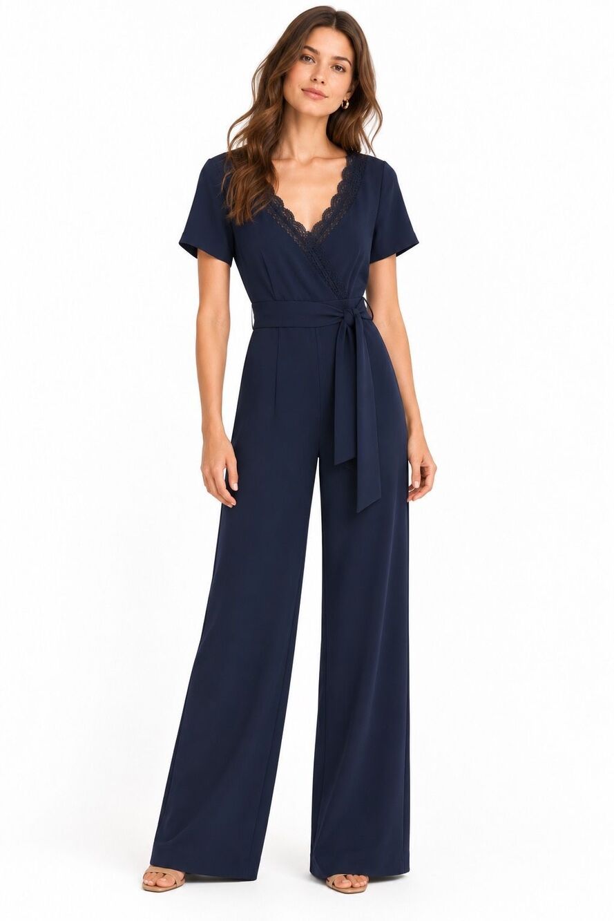 Sézane Louis Jumpsuit Navy Lace V Neck Tie Waist Wide Leg FR 34 US 2